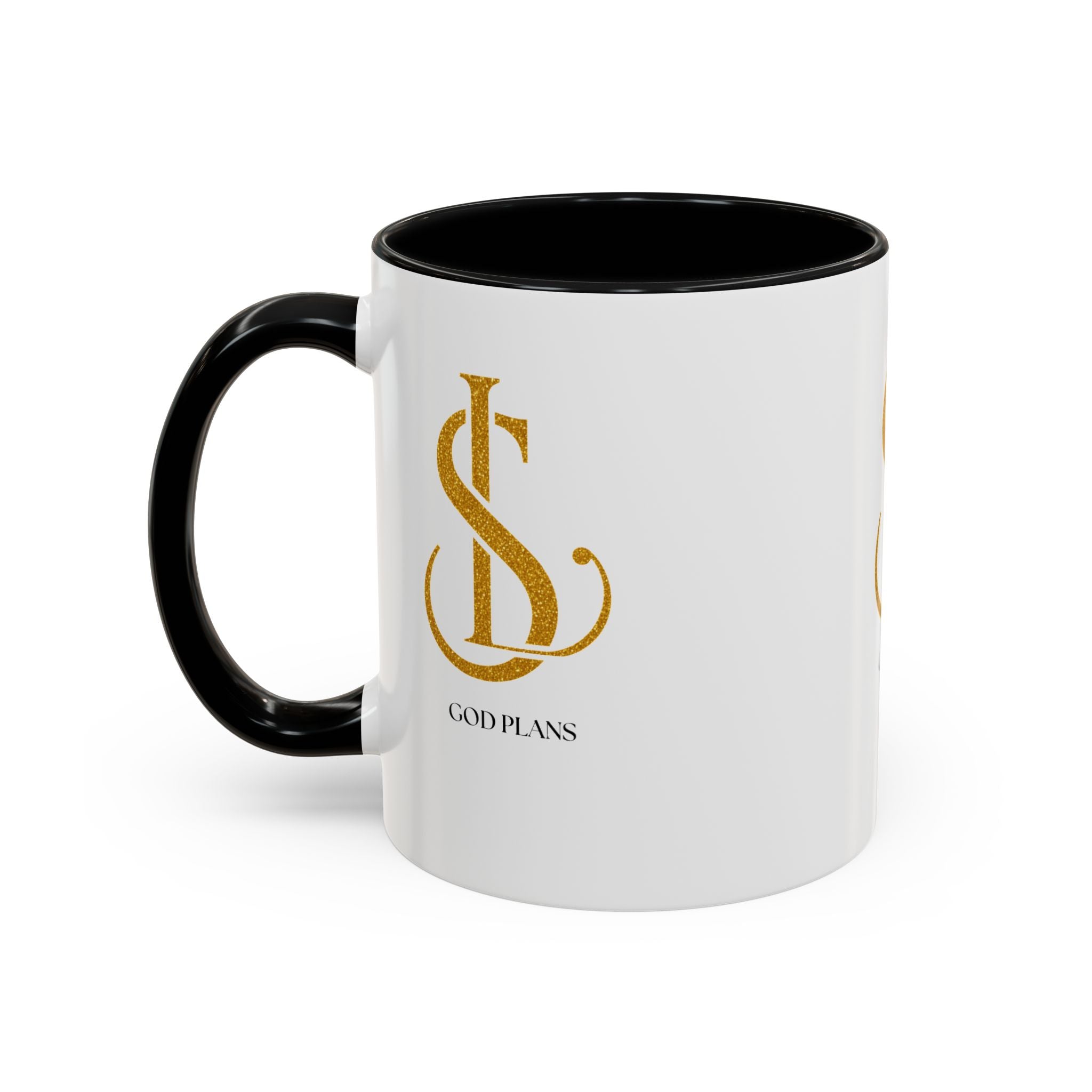 God Plans Gold Monogram Ceramic Mug – Custom Faith Gift (11oz, 15oz)