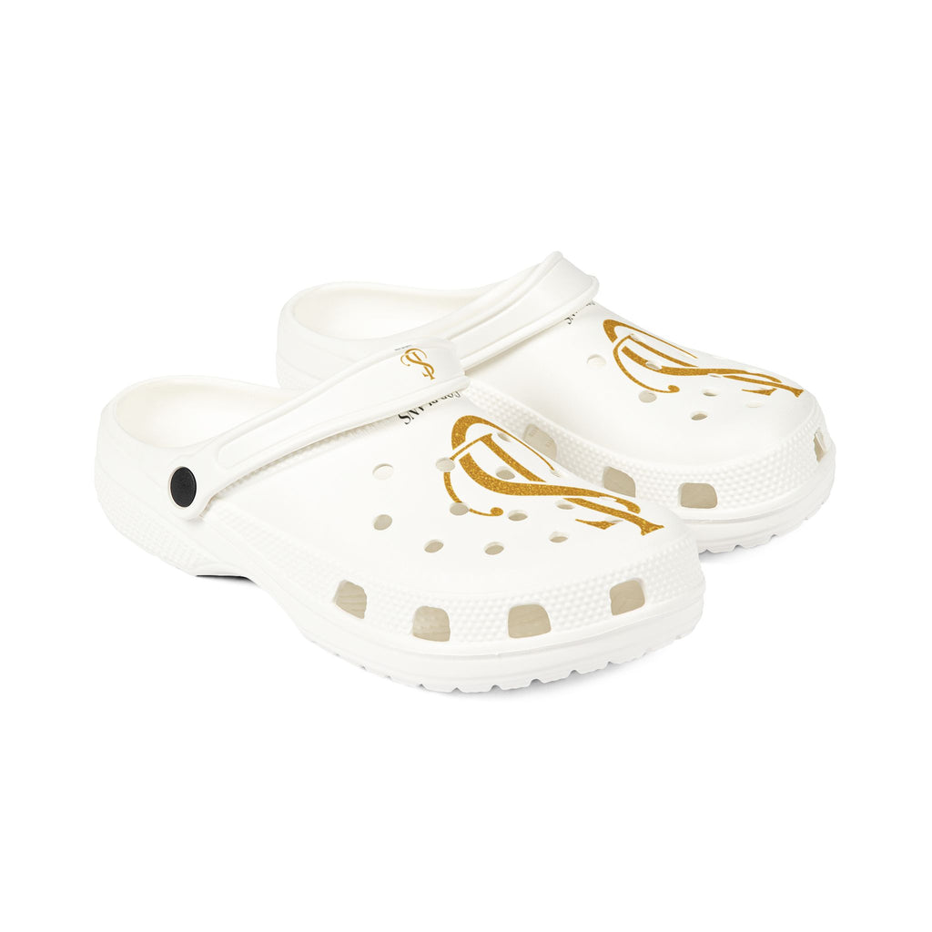 White EVA Foam Clogs with Gold Monogram S Design