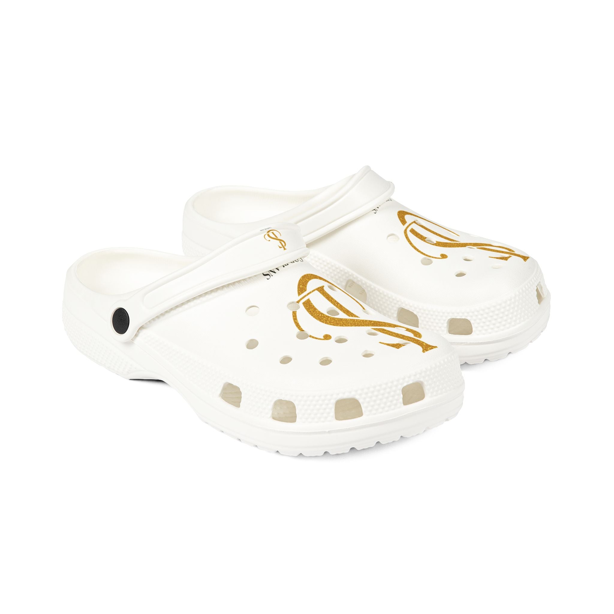 White EVA Foam Clogs with Gold Monogram S Design
