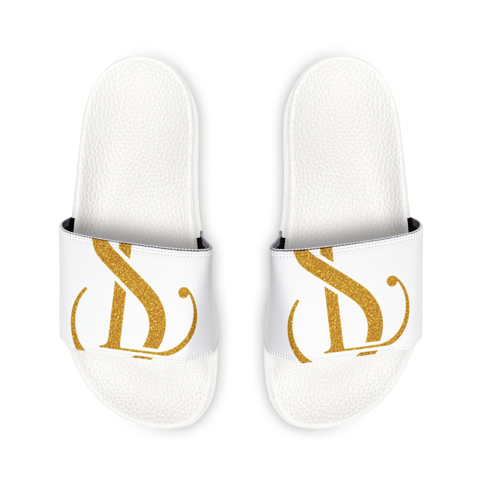 Men's White Slide Sandals with Gold Monogram Accent