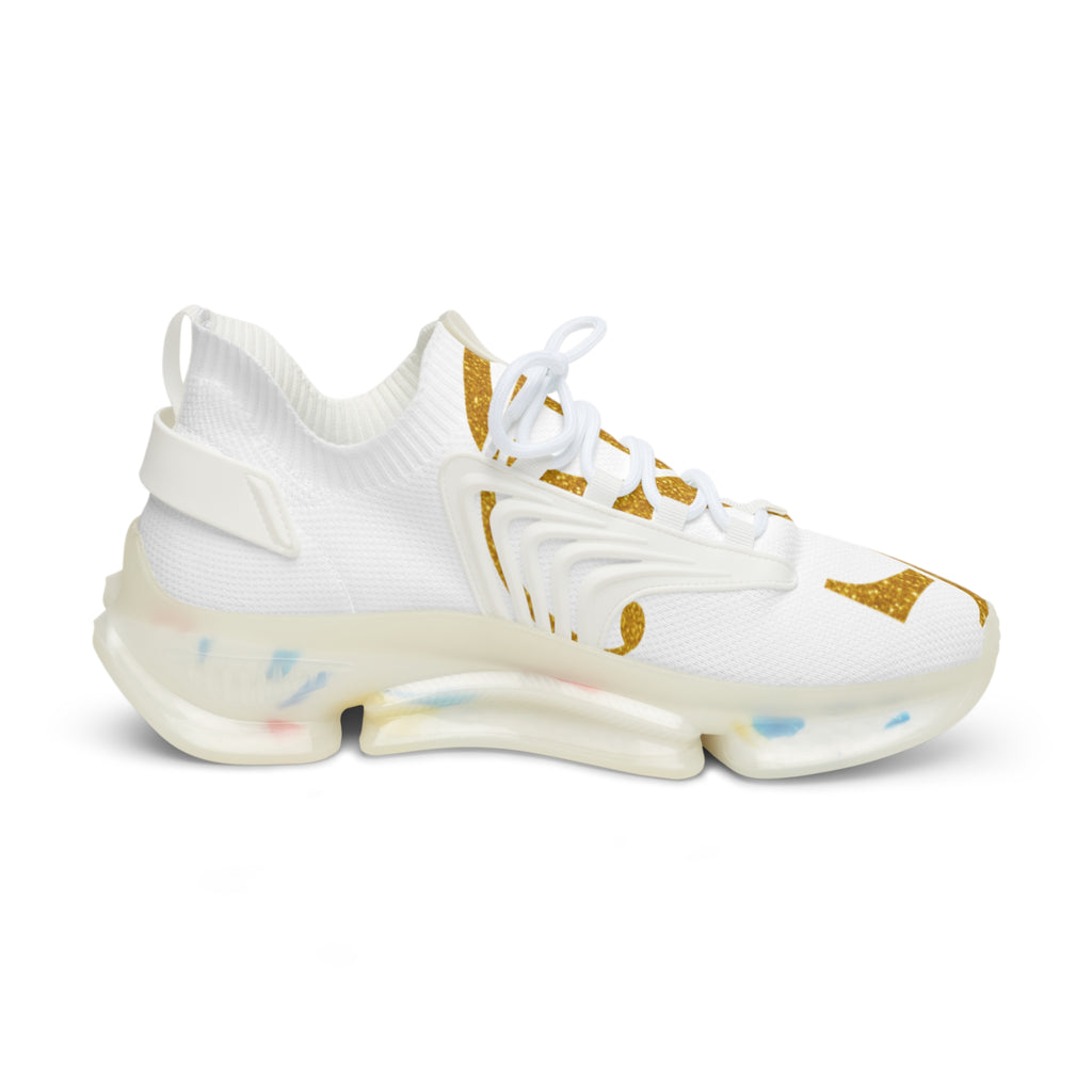 Men's White Mesh Sneakers with Gold Logo — Lightweight Athletic Casual Shoes