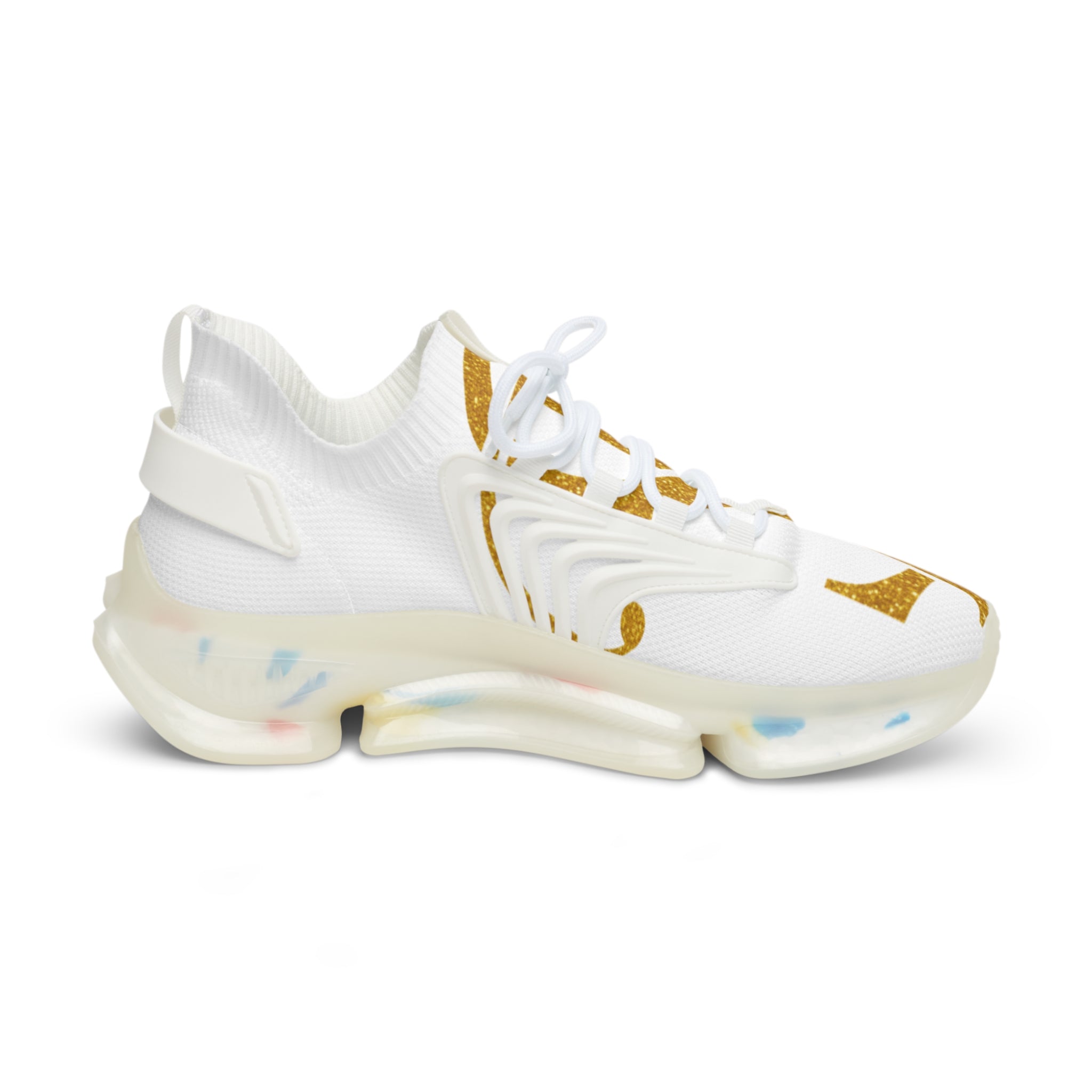 Men's White Mesh Sneakers with Gold Logo — Lightweight Athletic Casual Shoes