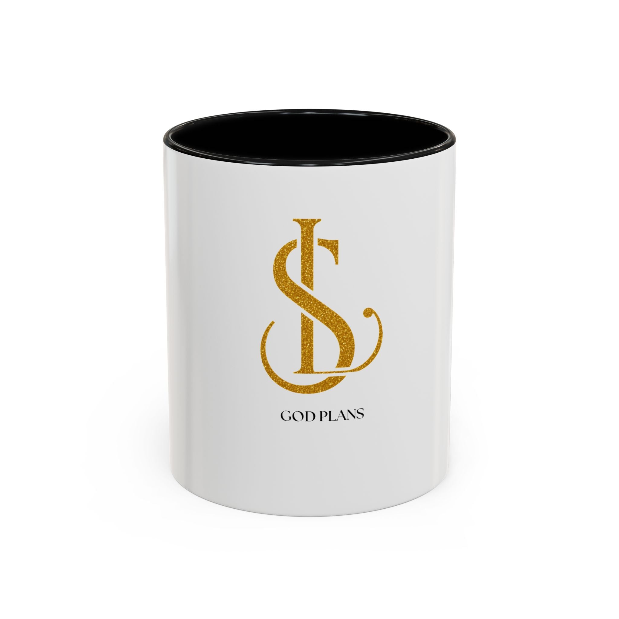 God Plans Gold Monogram Ceramic Mug – Custom Faith Gift (11oz, 15oz)