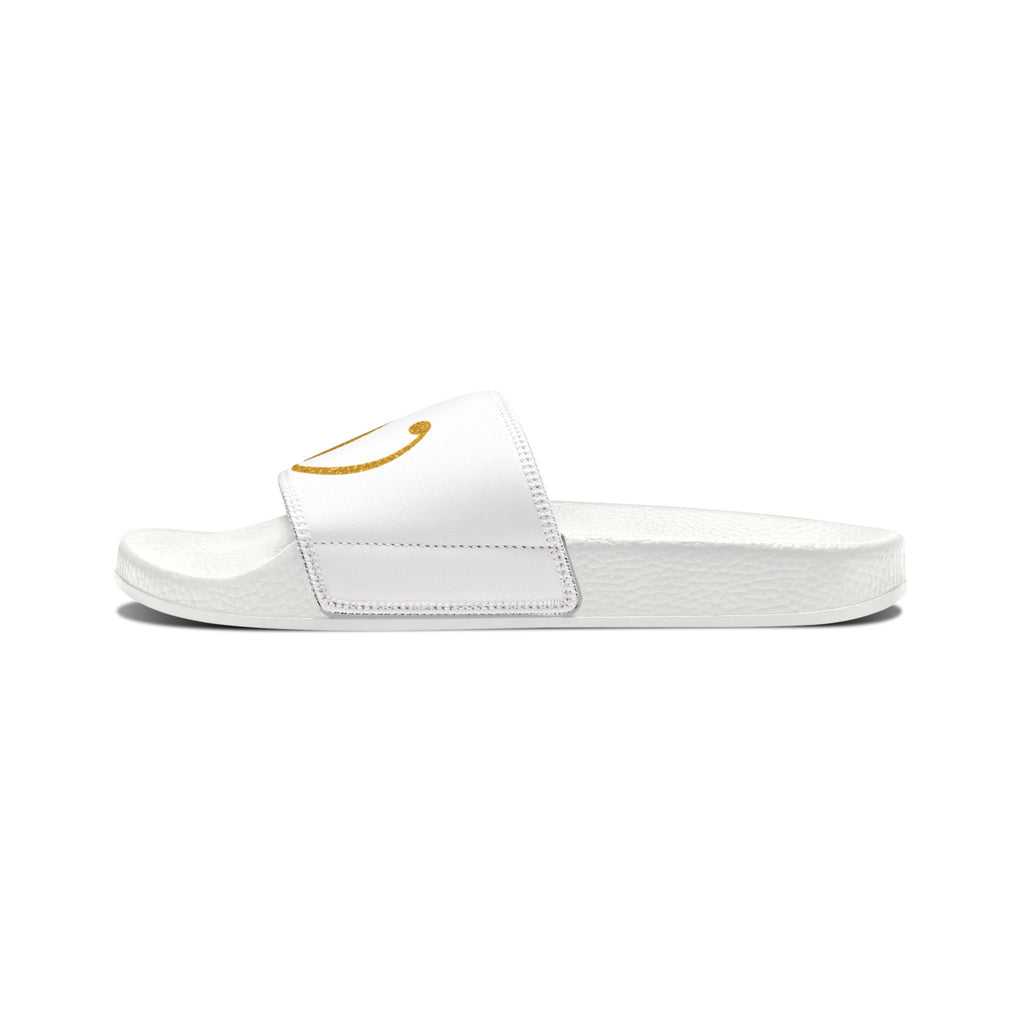 Men's White Slide Sandals with Gold Monogram Accent