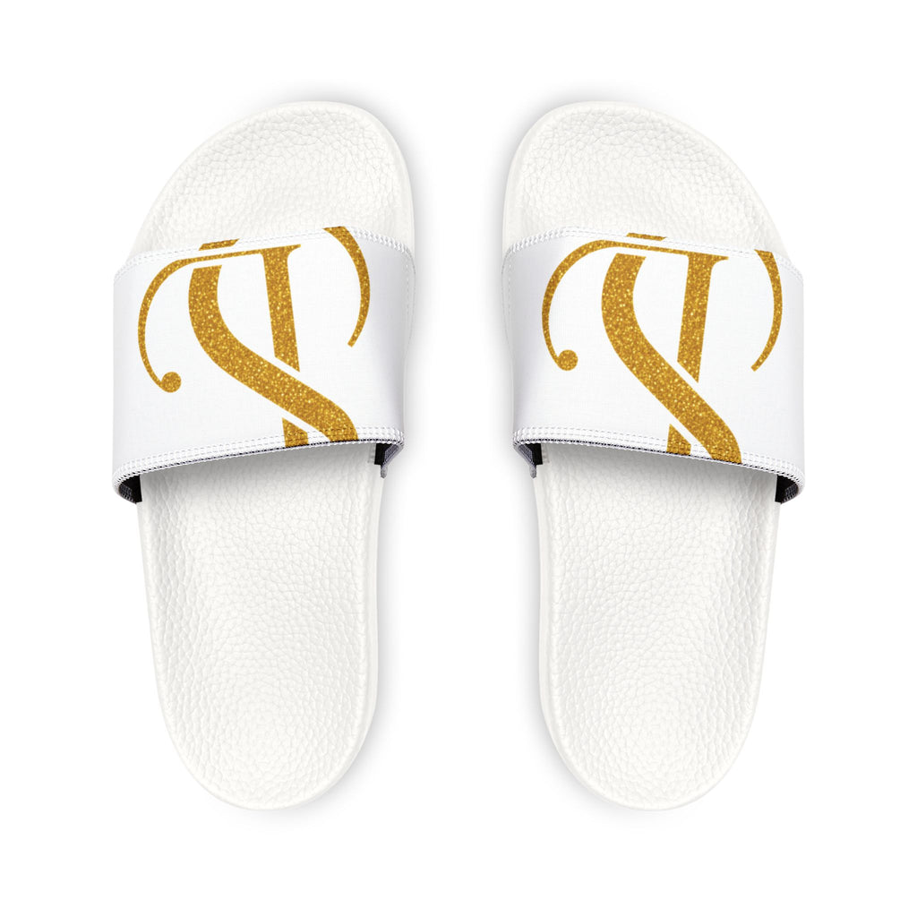 Men's White Slide Sandals with Gold Monogram Accent