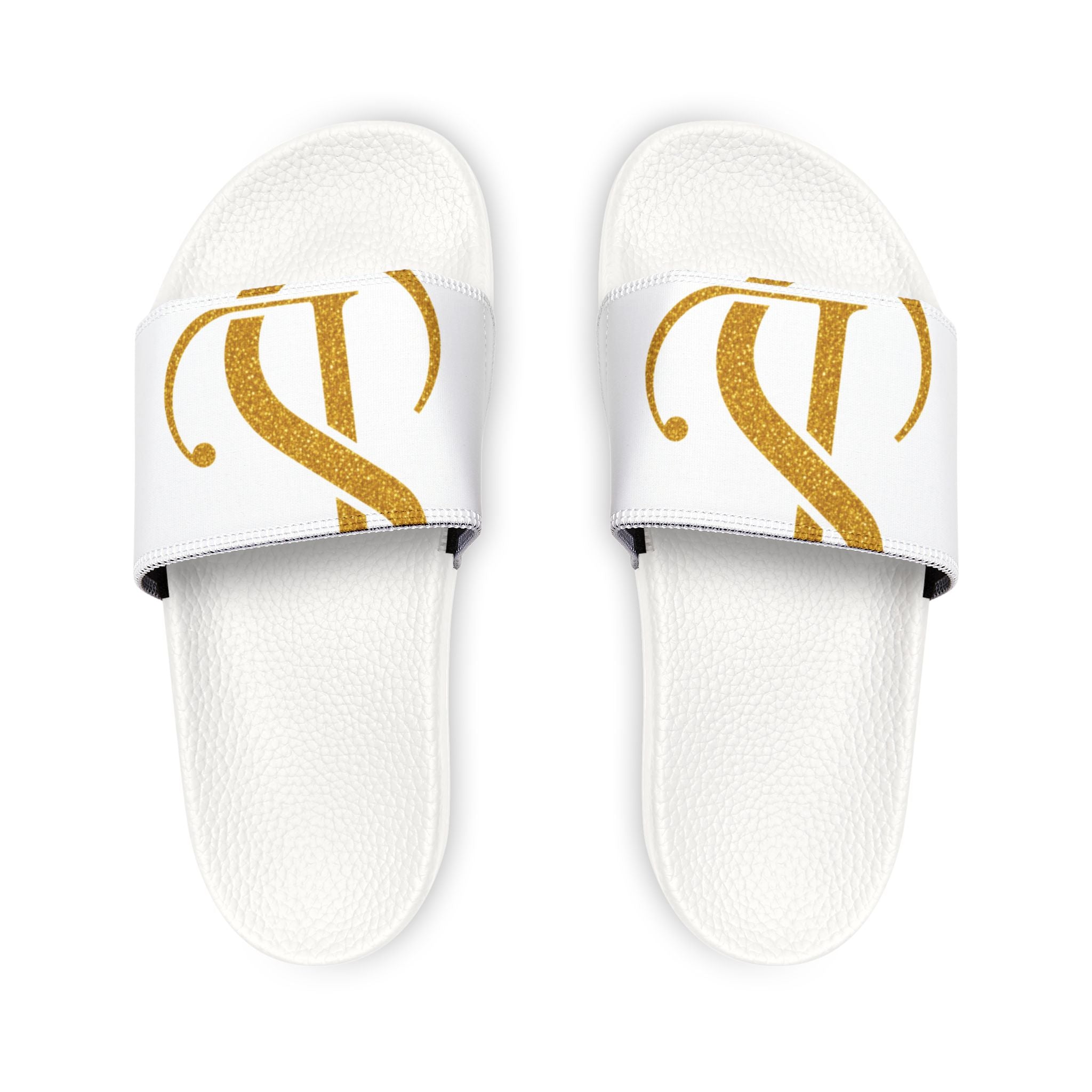 Men's White Slide Sandals with Gold Monogram Accent
