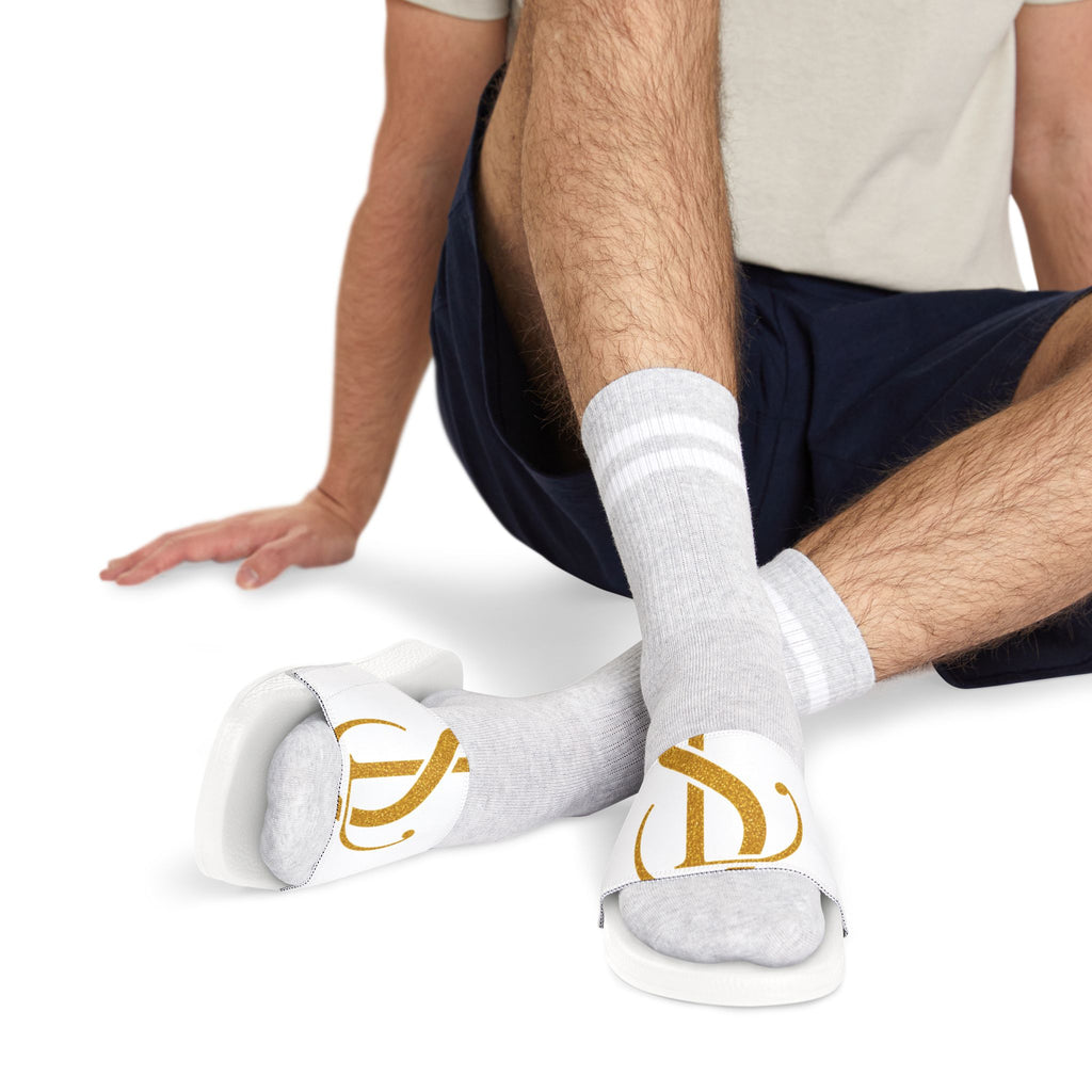 Men's White Slide Sandals with Gold Monogram Accent