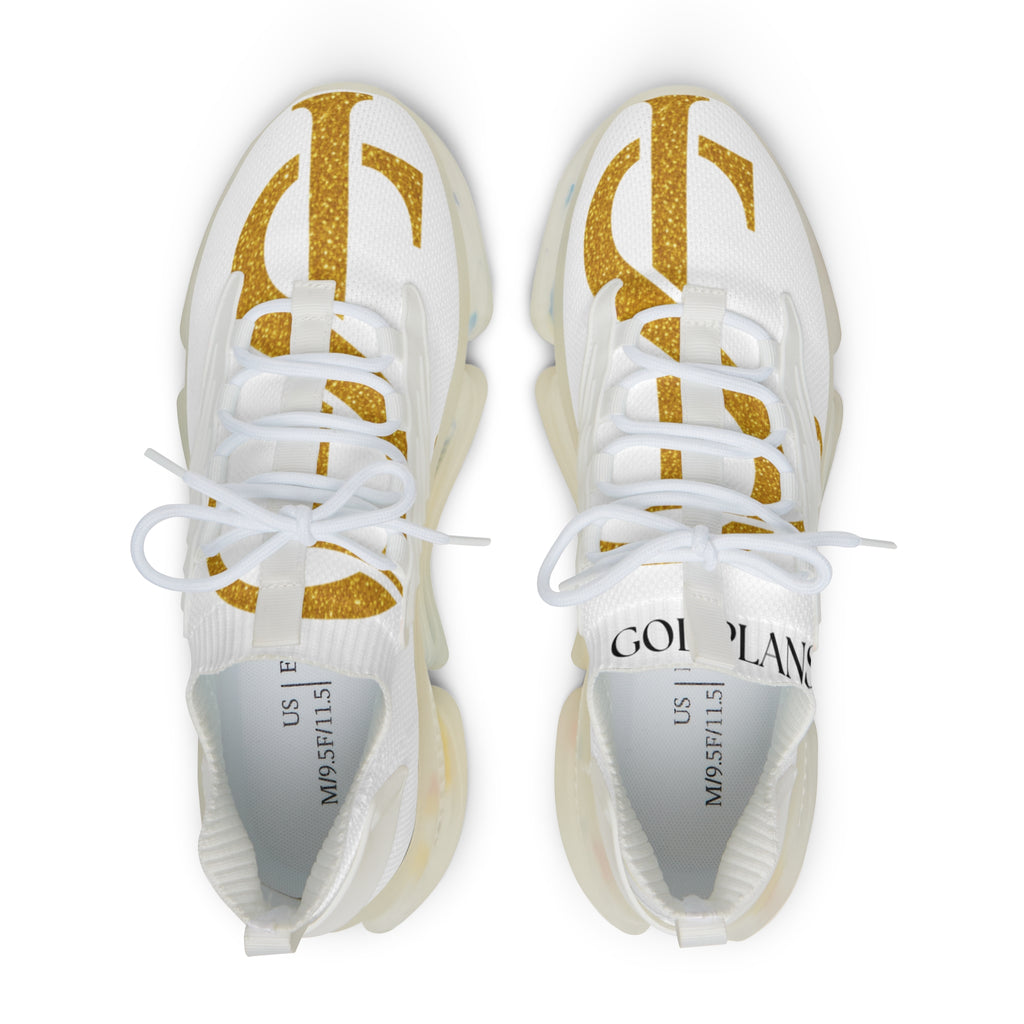 Men's White Mesh Sneakers with Gold Logo — Lightweight Athletic Casual Shoes