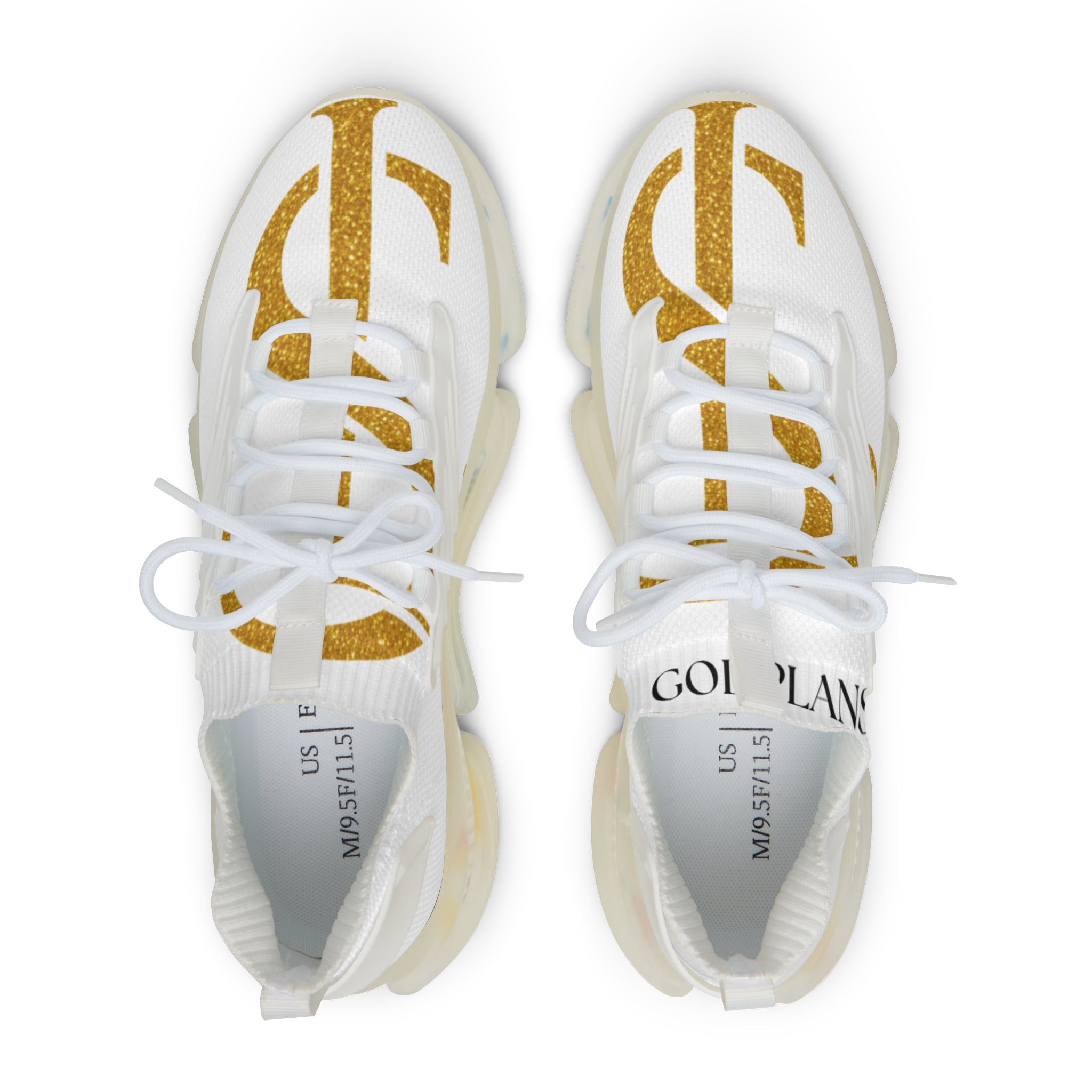 Men's White Mesh Sneakers with Gold Logo — Lightweight Athletic Casual Shoes