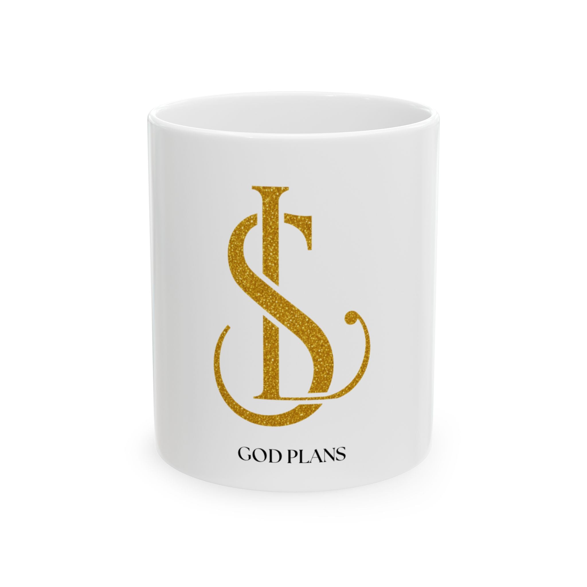 God Plans Gold Monogram Ceramic Mug – Custom Faith Gift (11oz, 15oz)