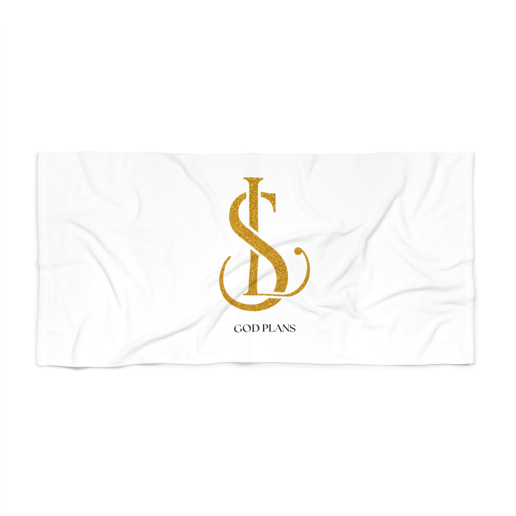 God Plans Gold Monogram Beach Towel – Faith-Inspired Gift