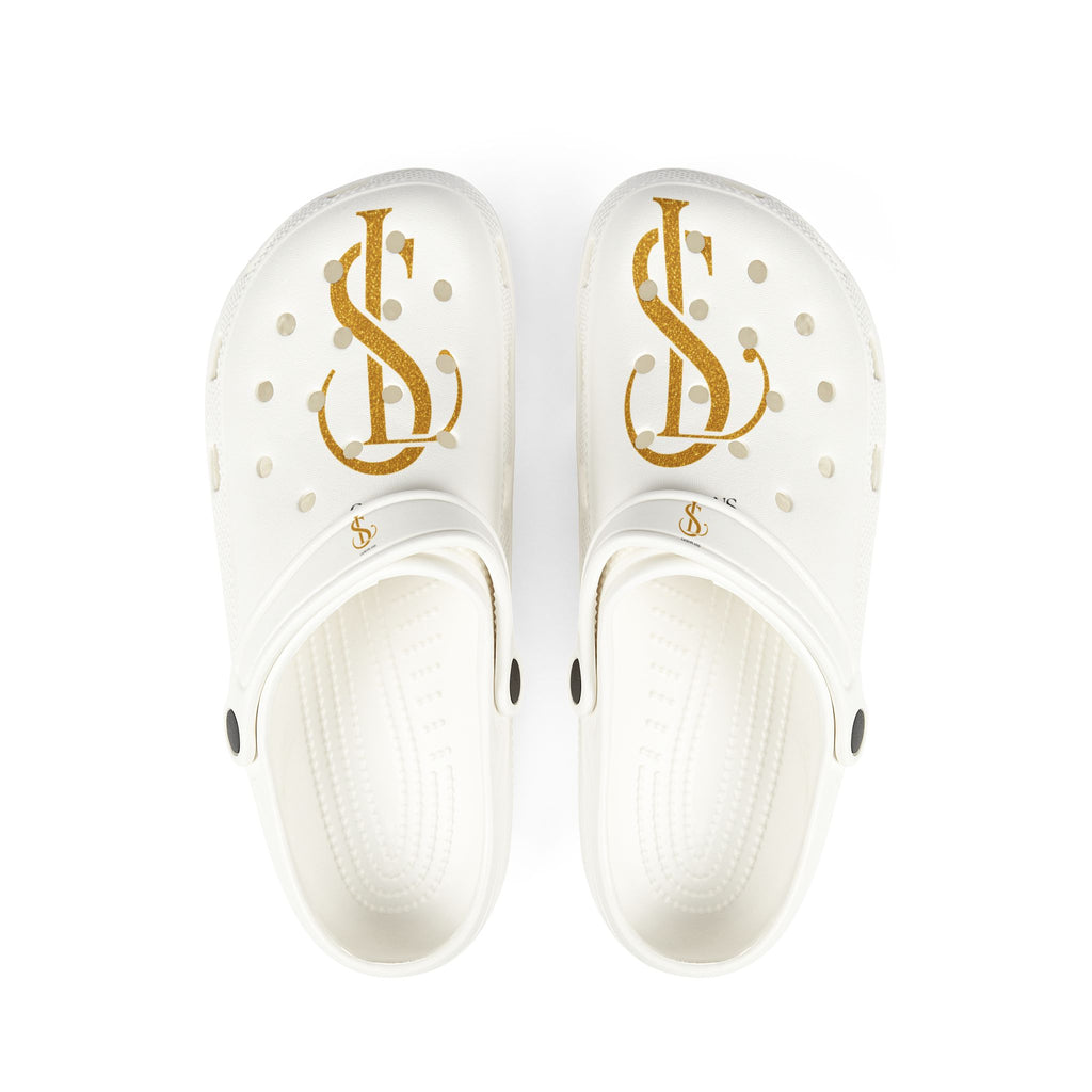 White EVA Foam Clogs with Gold Monogram S Design