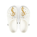 White EVA Foam Clogs with Gold Monogram S Design
