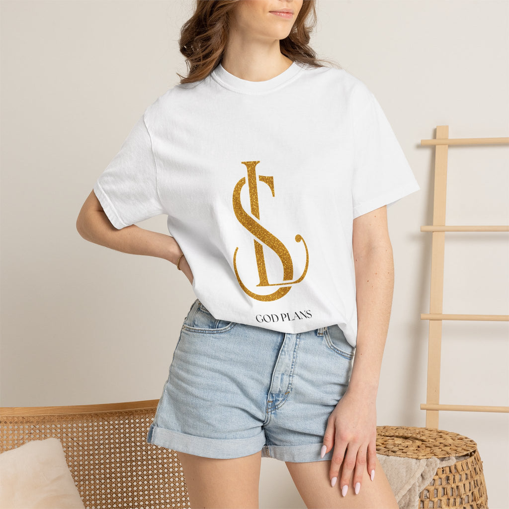 God Plans Graphic T-Shirt — Elegant Gold Script Faith Tee