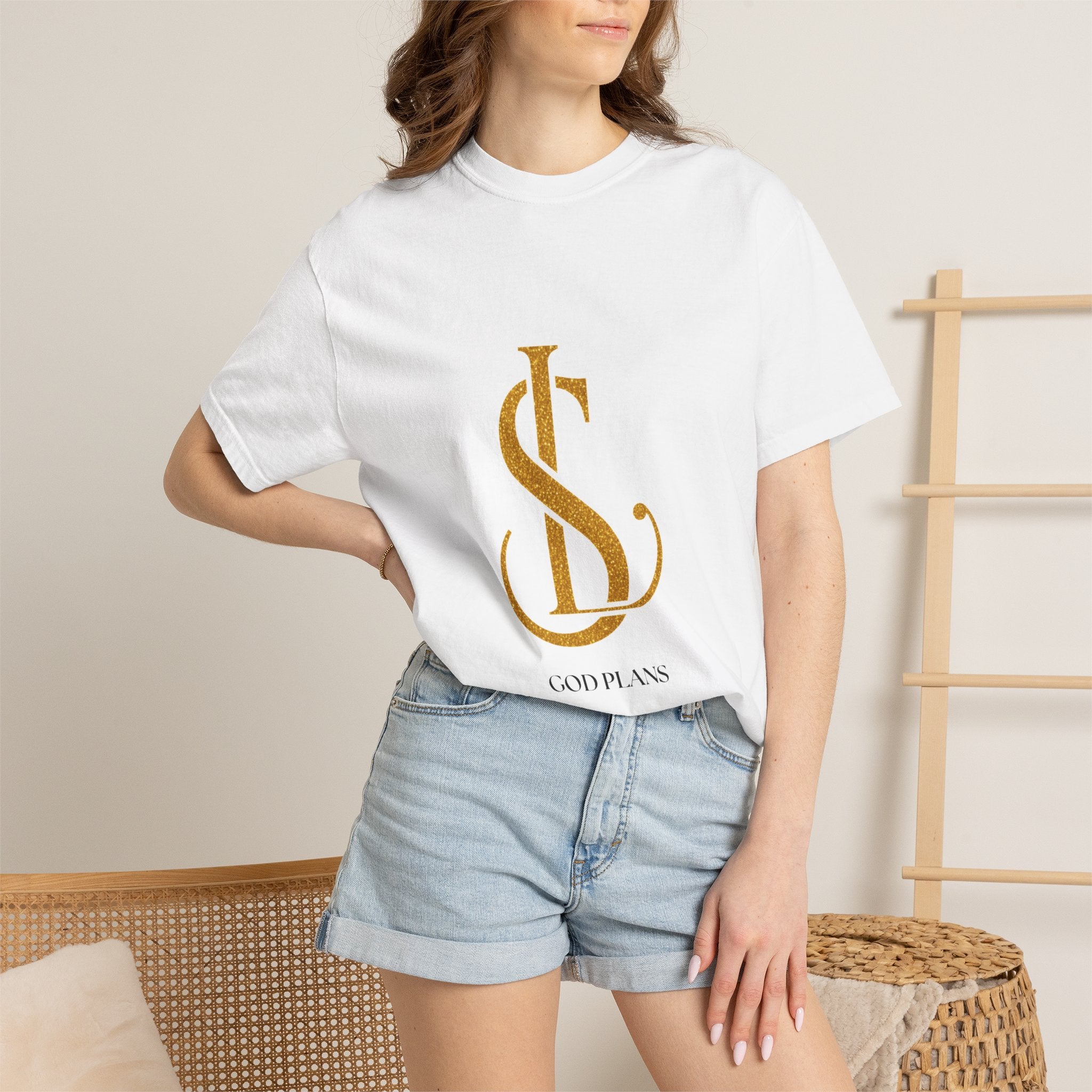 God Plans Graphic T-Shirt — Elegant Gold Script Faith Tee