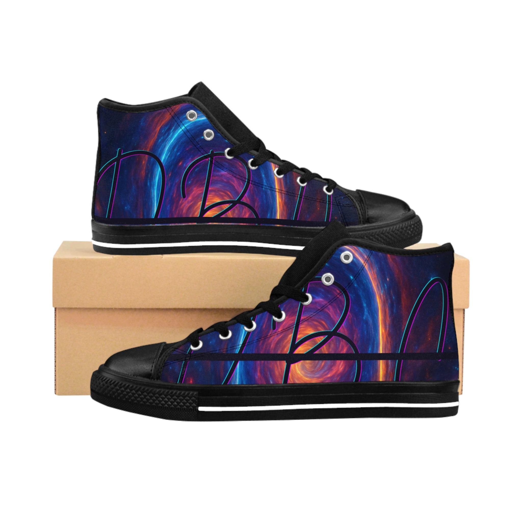 Galaxy Swirl High-Top Sneakers — Cosmic Basketball Court Design